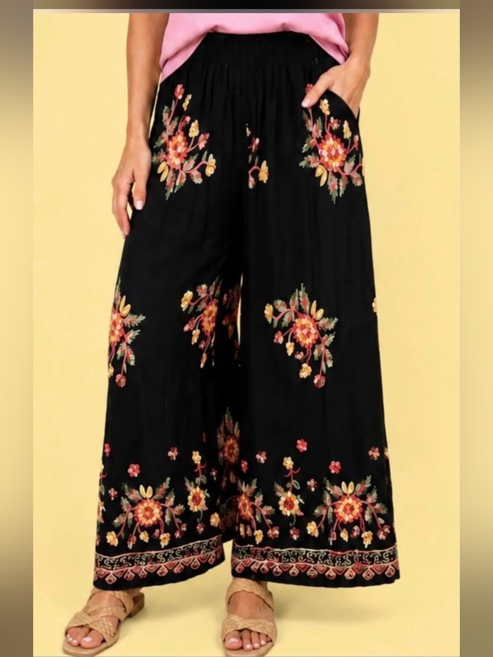 Anthropologie Liv Los Angeles Embroidered Boho Wide Leg Pants -Large Petite